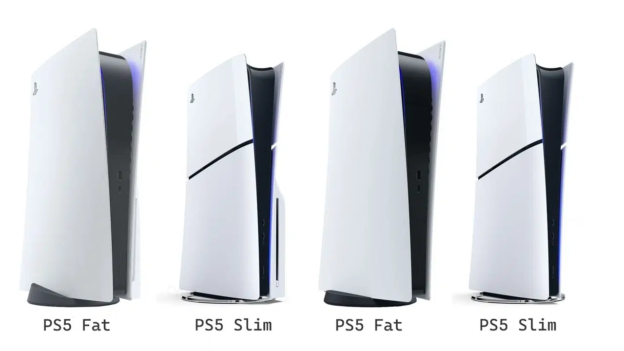 Side-by-side photos of the original PS5 and PS5 Slim to highlight the size difference
