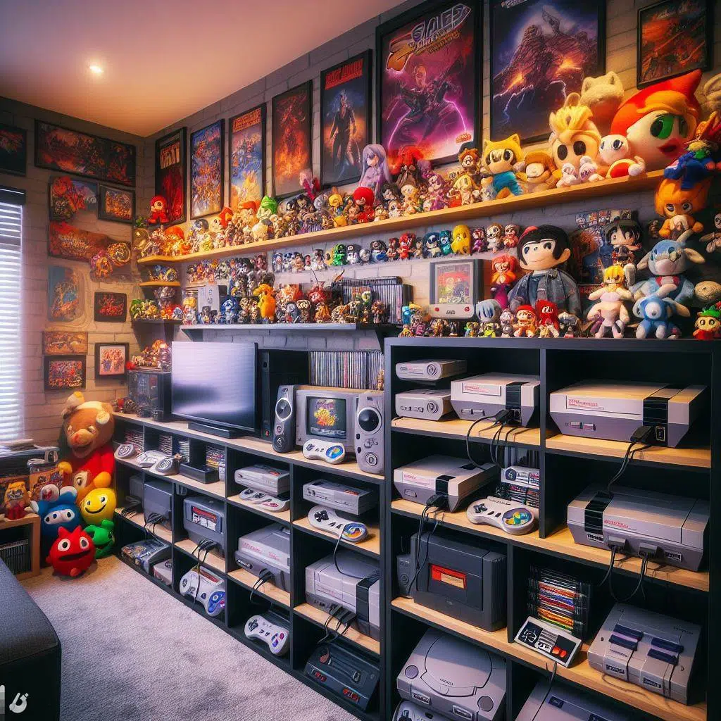 Retro Gaming setup Showing retro consoles and games